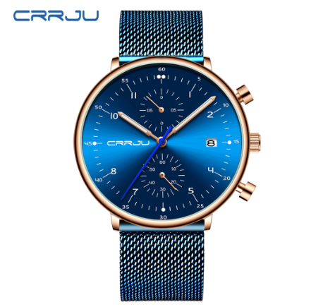 CRRJU Men's Watch Top Brand Luminous Casual Sports Analog Quartz Stainless Steel Waterproof 2278 X BLUE ROSE BLUE