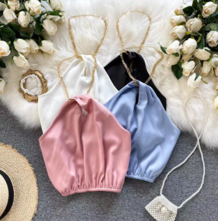 French Irregular Halter Short Navel-Exposed Vest Women's Western Style Outer Wear Crop tops Tank Sexy Tops Korean Fashion Bra