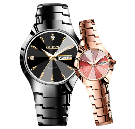 Olevs Couple Watch Waterproof Original Stainless Steel For Men And Women Quartz Watch ALL BLACK DIAL and ROSEGOLD