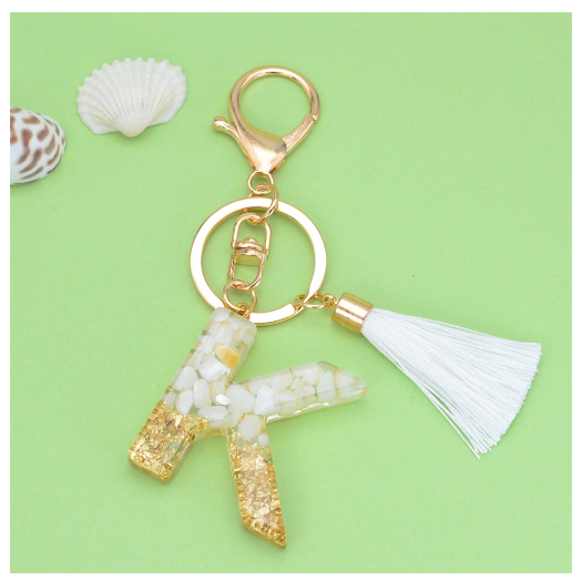 1Pc Gold Tassel Alphabet Keychain English Letter Keyring Glitter Gradient Resin Gold Leaf Crafts Car Mirror Handbag Charms K
