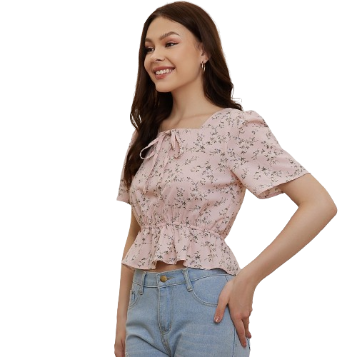 Lovito Floral Lace Up Ruffle Hem Square Neck Blouses Casual Blouse For Women L20D108 (Pink/White)