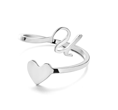 Silver Stainless Steel A-Z Rings Initial Letters Heart Rings Women Fashion Non Fading Jewelry Adjustable U