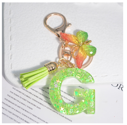 Glitter Green 26 Letter Resin Keychain Fashion Sequin Filled A-Z Alphabet Keyrings For Women Car Key Holder Accessories Souvenir G