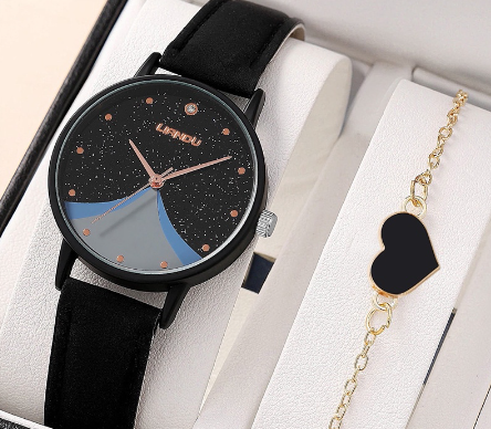 Watch for Women Original Watch set Sports Waterproof Black Leather Strap of Bracelet
