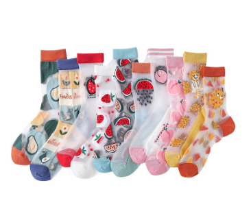 KAFU D04Summer New Socks Female Thin Cartoon Fruit Glass Silk Mid-thigh Socks Fashion Ins Trend