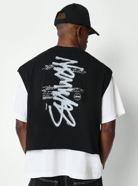 SUMWON Cropped Raw Edge Tank Top With Graffiti Graphic Print