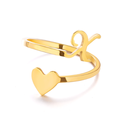 Gold Stainless Steel A-Z Rings Initial Letters Heart Rings Women Fashion Non Fading Jewelry Adjustable X