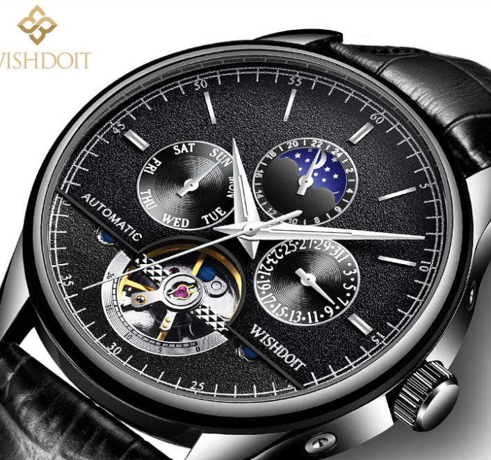 WISHDOIT Watch For Men Original Waterproof Leather Strap Business Fashion Luminous Automatic Mechanical Wristwatch  ALL BLACK