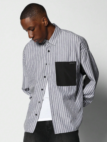 SUMWON Oversized Fit Nylon Stripe Shirt With Contrast Pocket & Sleeve
