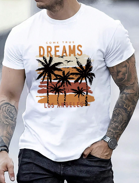 Men's Plus Size Summer Palm Tree & Letter Print Round Neck Short Sleeve Casual T-Shirt
