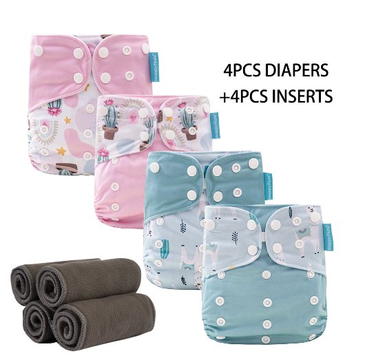 HappyFlute Baby Ecological Cloth Diapers Adjustable Washable Reusable Cloth Nappy For Baby Girls and Boys 4pcsDiaper+4pcs Inserts Set 4