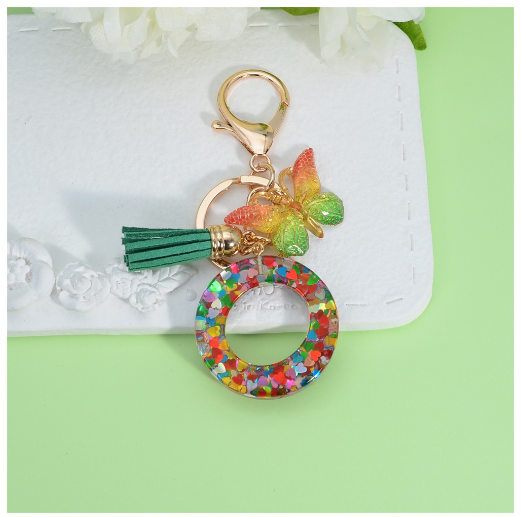 Fashion Butterfly Pendant 26 Letter Keychain Heart Sequins Filled A-Z Initial Key Chains With Tassel Bag Charms Accessories Gift O