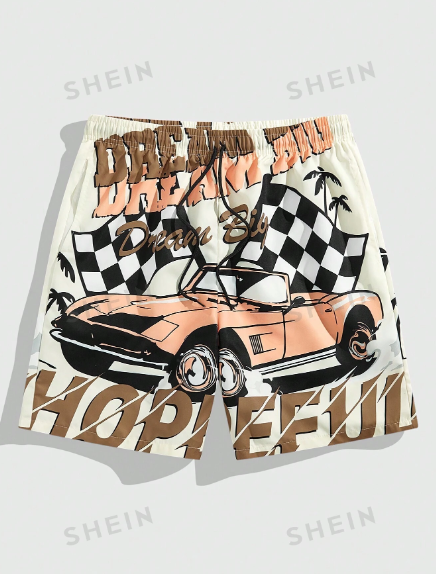 ROMWE Street Life Men's Drawstring Waist Casual Shorts With Car And Letter Print