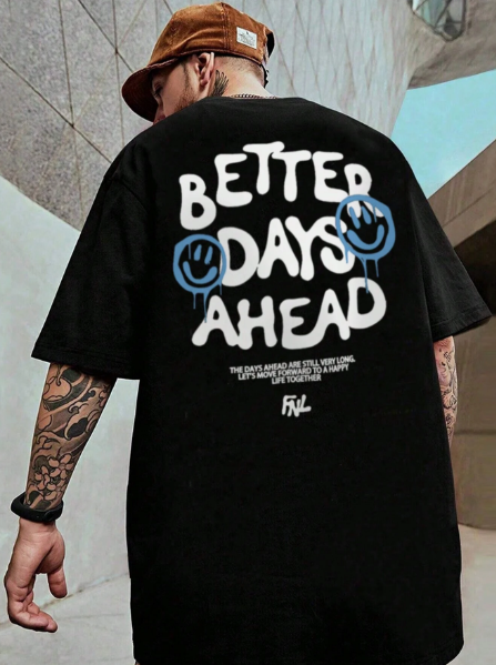 Men's Plus Size Summer Casual Short Sleeve Round Neck T-Shirt With Slogan & Smile Face Print