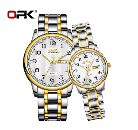 OPK Couple Watch Waterproof Original Silver Gold With Box Stainless Steel Watch WHITE DIAL TWO TONE