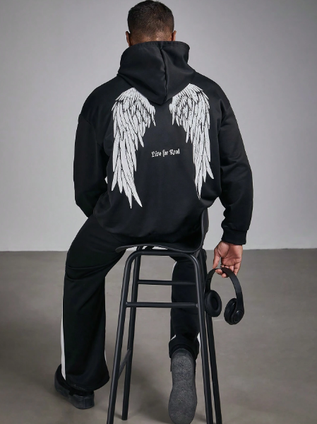 Manfinity Roughcore Plus Size Men's Long Sleeve Letter & Wing Print Casual Hoodie