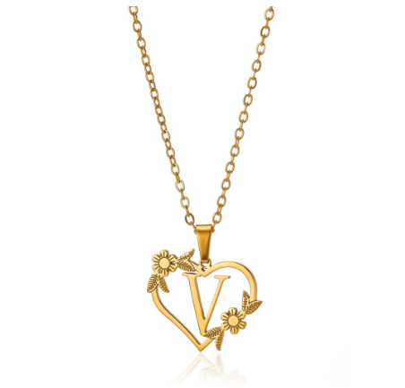 New Personalized Creative Gold Plated Stainless Steel Love Flower Hollow Heart A-Z Letter Necklace Initial Name Pendant Women's V