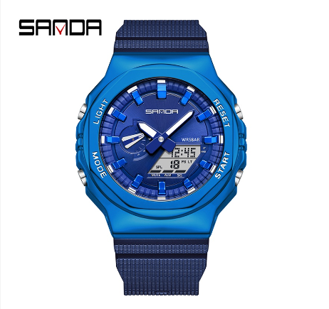 Sanda Men's Watch Luminous Multi-function Metal Luxury Fashion Men's Sports Watch BLUE