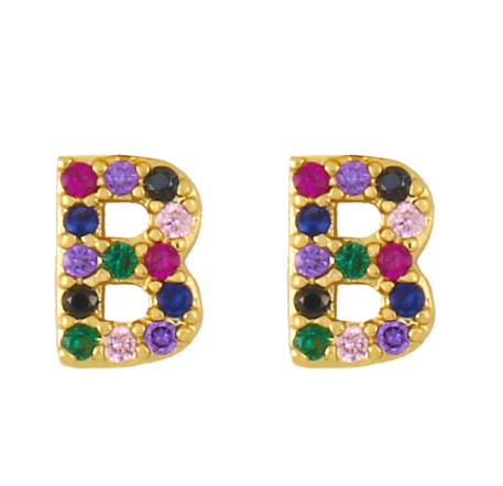 New European and American Fashion Gold 26 Letters Colorful Zircon Alphabet Stud Earrings Women Jewelry Gifts B