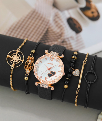 Original Waterproof Black Leather Strap Watch for Women With Bracelet