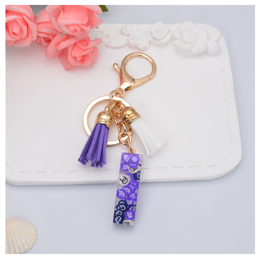 New 26 Letters Constellation Symbol Slice Resin Keychain Charms Women Handbag Ornaments With Tassel Key Ring Accessories Gift I