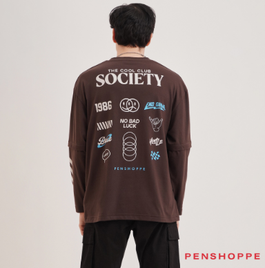 Penshoppe Long Sleeves Oversized Fit Graphic T-Shirt For Men (Brown)
