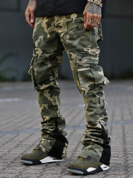 Manfinity LEGND Men's Street Camouflage Drawstring Waist Cargo Pants With Flap Pockets Baggy Long Camo Graphic