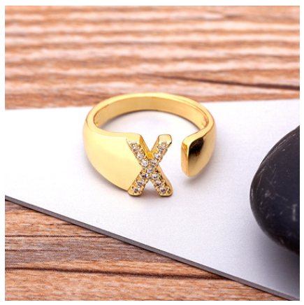 Fashion Chunky Wide Hollow A-Z Letter Gold Color Opening Ring Initials Name Alphabet Female Jewelry X