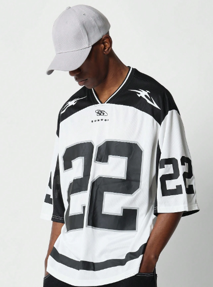 SUMWON Oversized Fit Colour Block Mesh Hockey Tee With Number Graphic Print College Ready