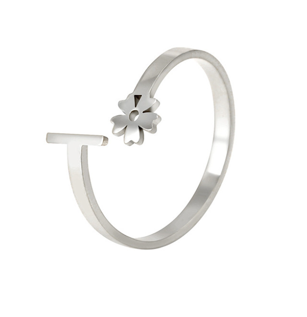 Stainless Steel A-Z Letter Ring For Women Girl Flower 26 Initial Name Adjustable Ring Trendy Birthday Jewelry Gift I