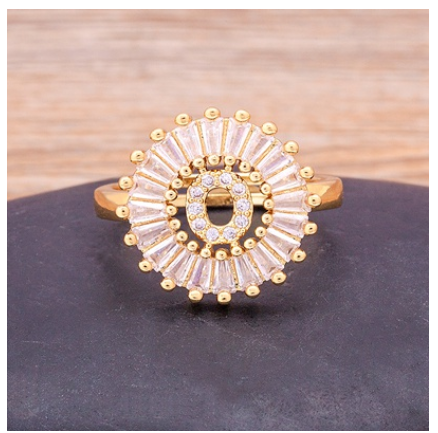 Initial 26 Alphabet Adjustable Size Gold Color Zircon A-Z Letter Ring Statement Name Jewelry O
