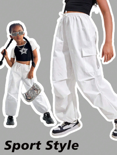 SHEIN Young Girls' Casual Elastic Waist Woven Solid Color Jogger Sports Pants With Pockets For Summer ,White