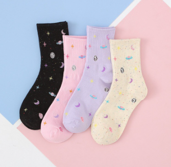 Cartoon Starry Sky Cotton Women Long Socks Sweet Stars Pattern Girls Crew Socks New Fashion Sports Skateboard Socks White Socks