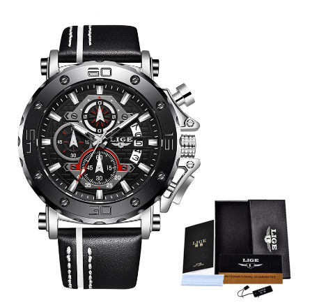 LIGE Official Men Watch Leather Watch Mens Sport Waterproof Quartz Watch Chronograph Wristwatch For Men SILVER BLACK