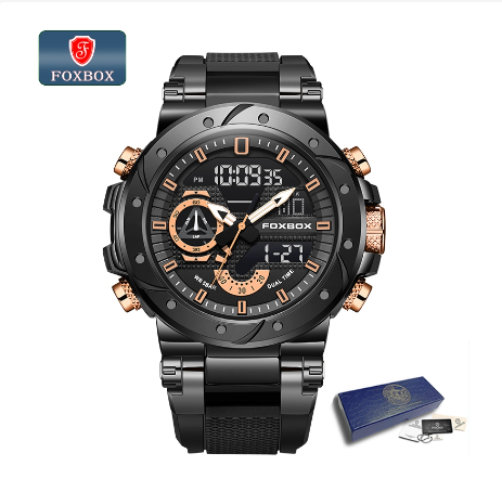 FOXBOX Fashion Digital Watch Men Dial Dual Display Outdoors Waterproof Sport Luminous Silicone Watch BLACK ROSEGOLD