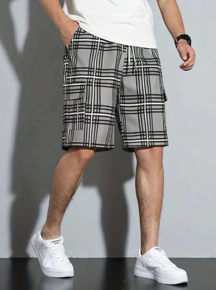 Men's Plaid Printed Utility Pocket Casual Shorts
