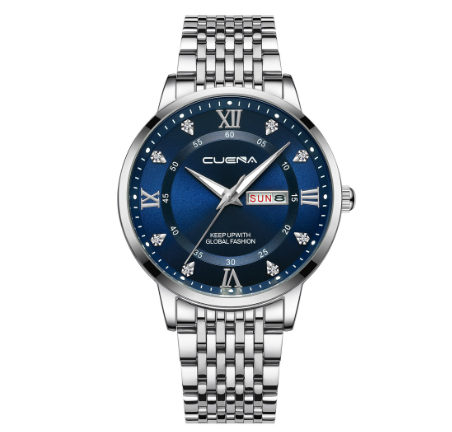CUENA Men's Watches Fashion Casual sports Business Decorative Dial Quartz Water Resistant SILVER BLUE