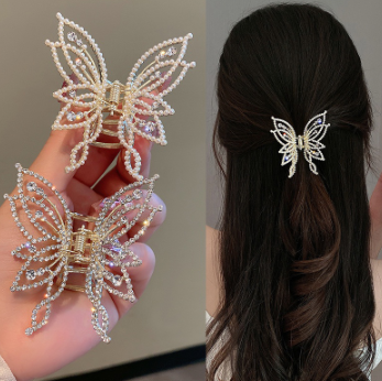 Korean Fashion Hollow Flash Diamond Pearl Butterfly Hair Clips for Women Elegant Hair Claw Clip Accessories for Girls Hairpin Head Dress