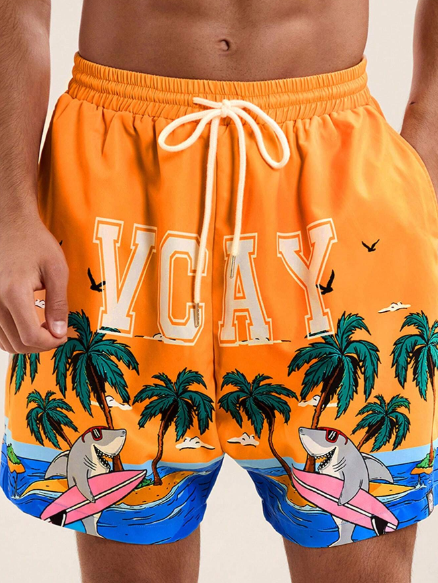 Manfinity VCAY Men's Beach Outfits, Summer Lightweight Breathable Woven Casual Shark Graphic Orange Hawaiian Shorts Beachwear For Vacation, Surfing And Beach