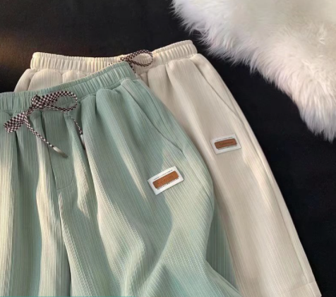 Plain Textured Labelling Drawstring Wide Leg Five Shorts For Men Summer Casual All Match Trend Korean Style Fitness Sports Teens Straight Shorts Mens