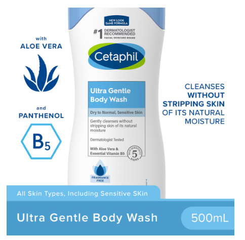Cetaphil Ultra Gentle Body Wash 500ml (For Dry Sensitive Skin / Cleansing Moisturizing Body Soap)