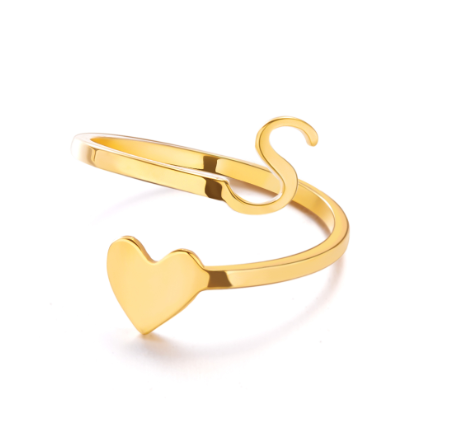 Gold Stainless Steel A-Z Rings Initial Letters Heart Rings Women Fashion Non Fading Jewelry Adjustable S