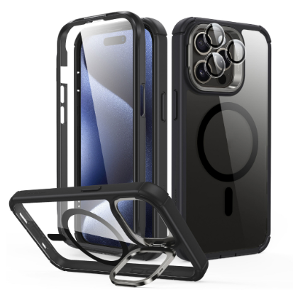 ESR Armor Tough Case with Stash Stand HaloLock Compatible with iPh 15 ProMax Clear Black