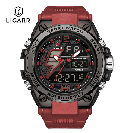 LICARR Brand Men's Watches Original Analog Digital Fashion Casual Sports Men's Watch Stopwatch Waterproof Date Alarm 9513 RED