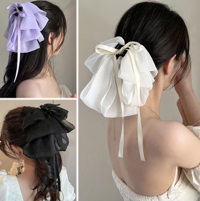 French Bow Ribbon Long Hair Pins for Girls Summer Princess Dress Hair Claw Clips for Women Fashion Hair Clamps Head Accessories