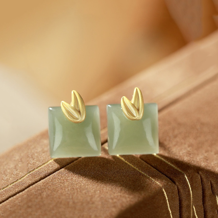 Women's Earrings Square Bamboo Leaf Stud Earrings Gold Plated Non Allergic