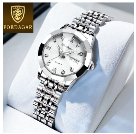 POEDAGAR luxury watch for woman waterproof 2023 sale original korean style business stainless steel luminous calendar wristwatch WHITE