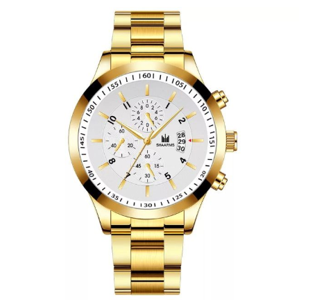 Luxury Business Men's Three-eye Calendar Analog Watch Stainless Steel Waterproof Men Quartz Wristwatches Relo Ng Kalalakihan GOLD WHITE