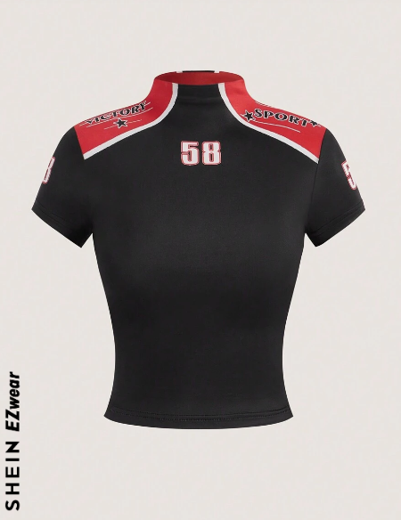 SHEIN EZwear Women's Sports Digital Pattern Slim Fit Short Sleeve T-Shirt