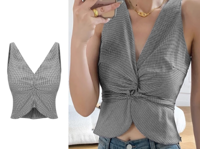 Lovito Women Casual Gingham Knot Tank Top L65ED052 Black